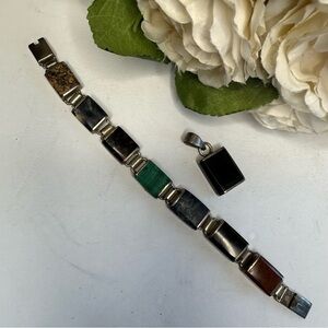 Multi Stone Sterling Silver 925  Amethyst Lapis Malachite Onyx Mahogany 2pc set